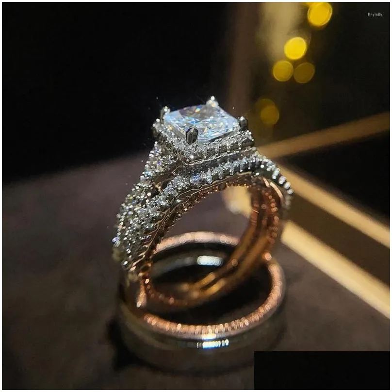 Wedding Rings Uring Luxury Princess Cut Cubic Zircon Bridal Marriage Set Elegant Accessories Brilliant Women Men Trendy Jewelry