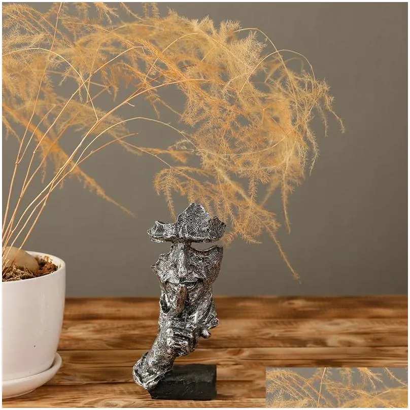 Decorative Objects Figurines Nordic Creative Silence Is Gold Statue Resin Thinker Sculpture Figurine Vintage Home Office Decoration Modern Art Resin Decor
