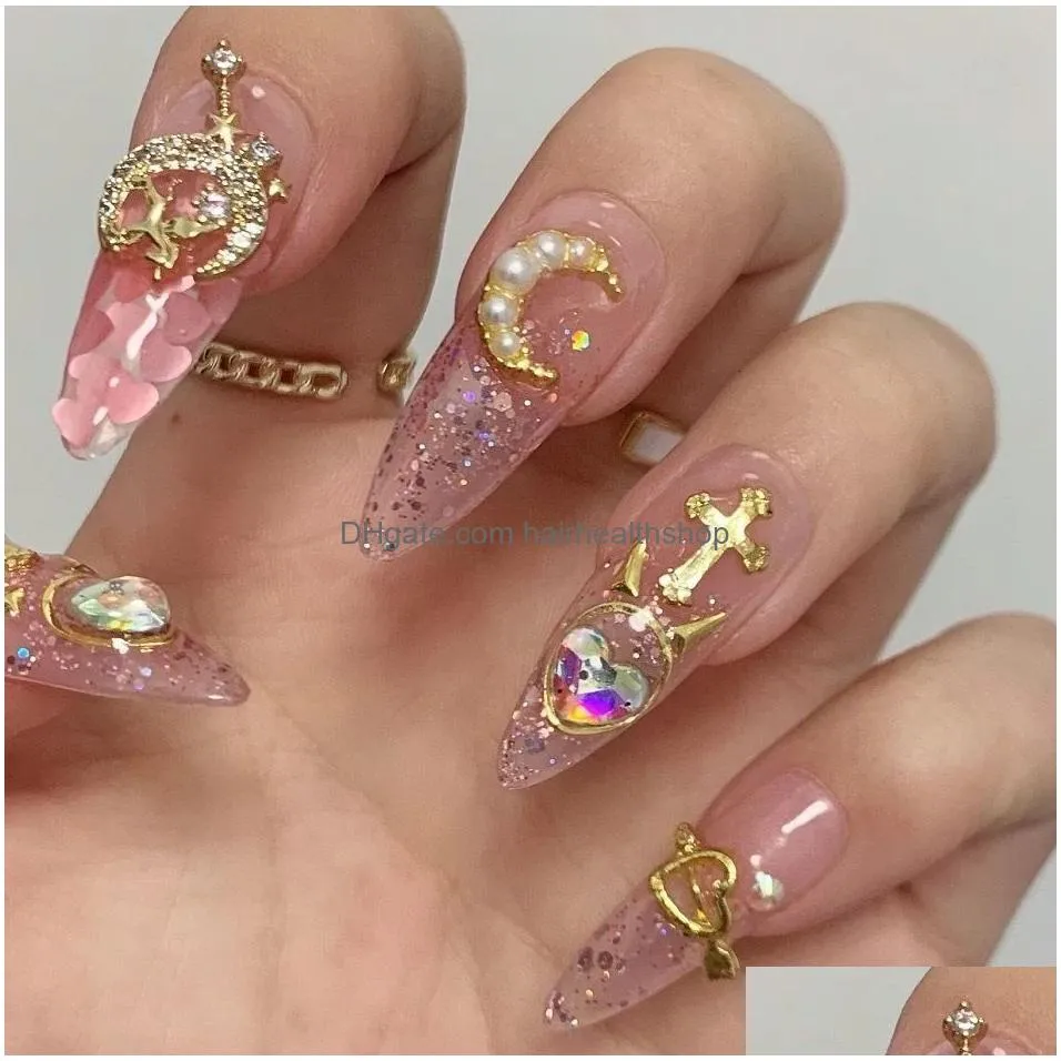 False Nails Handmade Pink Glittery Y2K Fake Nail With Glue Detachable Luxury False Nails Tips Reusable Press On Nails Coffin Manicure Art