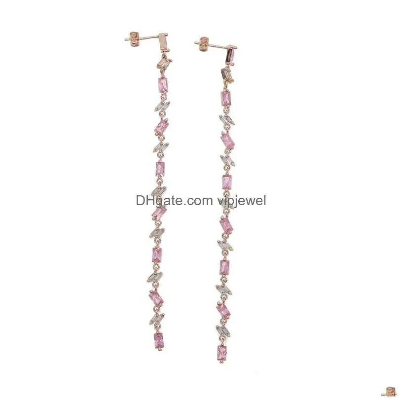 dangle chandelier high quality iced out baguette cz pink white cubic zirconia long tassel dangling women earring1988