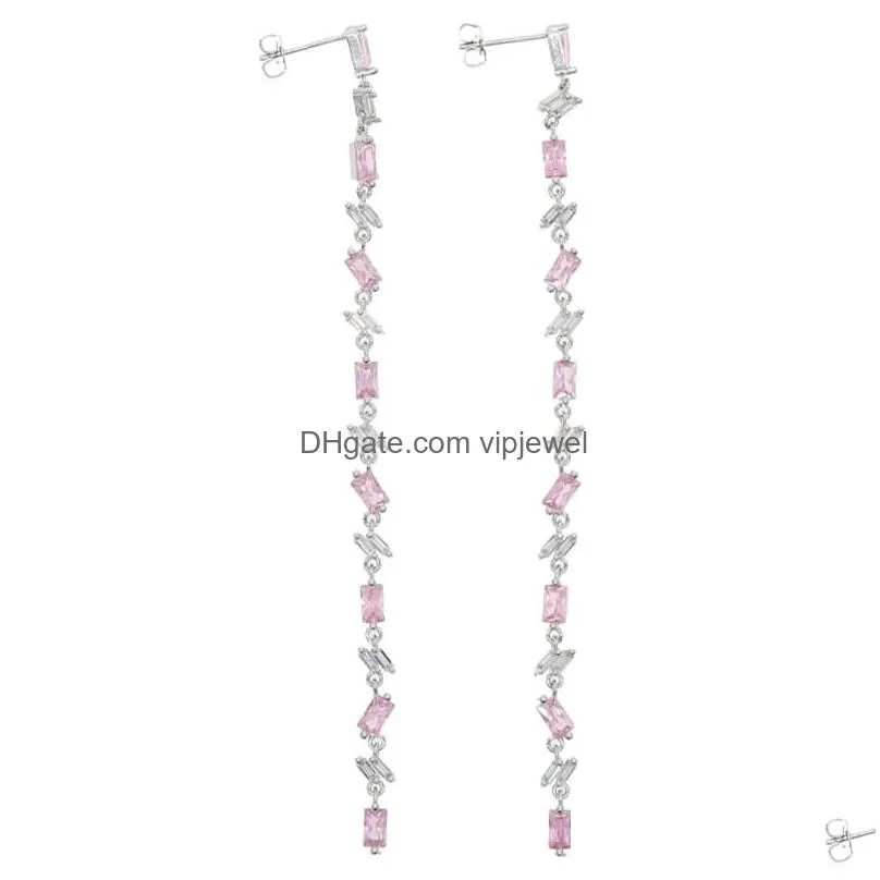 dangle chandelier high quality iced out baguette cz pink white cubic zirconia long tassel dangling women earring1988