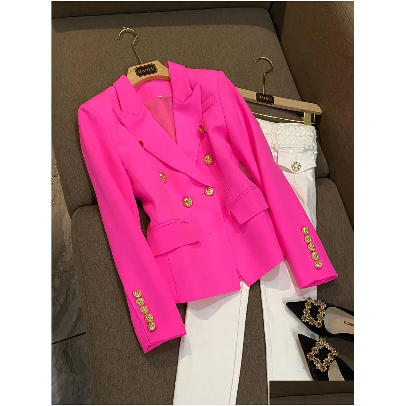 Women`S Suits & Blazers Womens June Lips Allmatch Dusty Pink Green Blue Nude Black Blazer Jacket Gold Buttons Double Breasted Drop De Dh1Fb