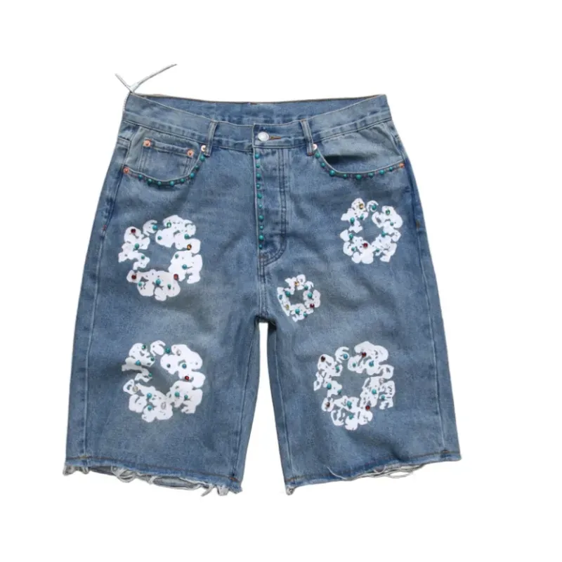 Denim jeans shorts men designer women short jean for mens luxury high qulity straight holes tight flower printing shortpants slim hip hop street black pants clothing