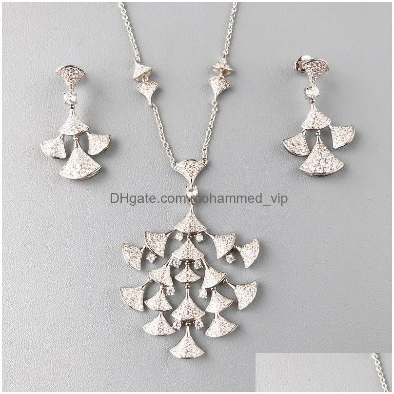 designer collection style fashion necklace stud earrings women lady inlay full diamond tassels fan-shaped pendant jewelry sets