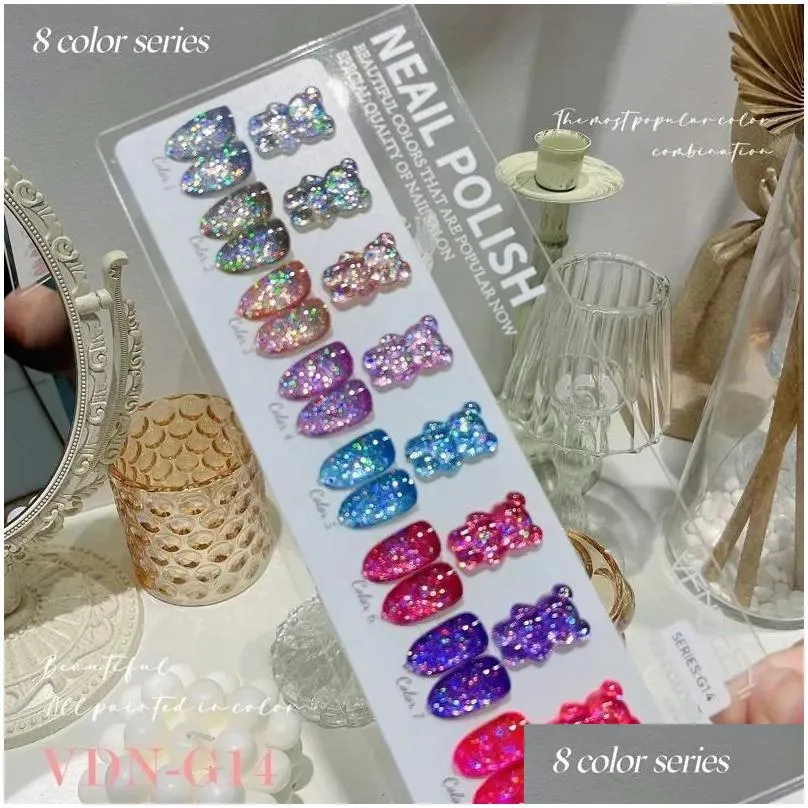 Nail Gel 8 Colors/set Glitter Chips Diamond Gel Nail Polish Sparkling Nail Art Gel Varnish with Reflective Effect UV Nail Gel Lacquer