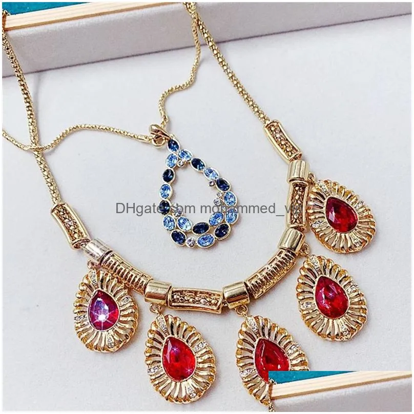 fashion retro necklace earrings ring set for women high quality collar sweater chain pendant diamond jewelry accessories