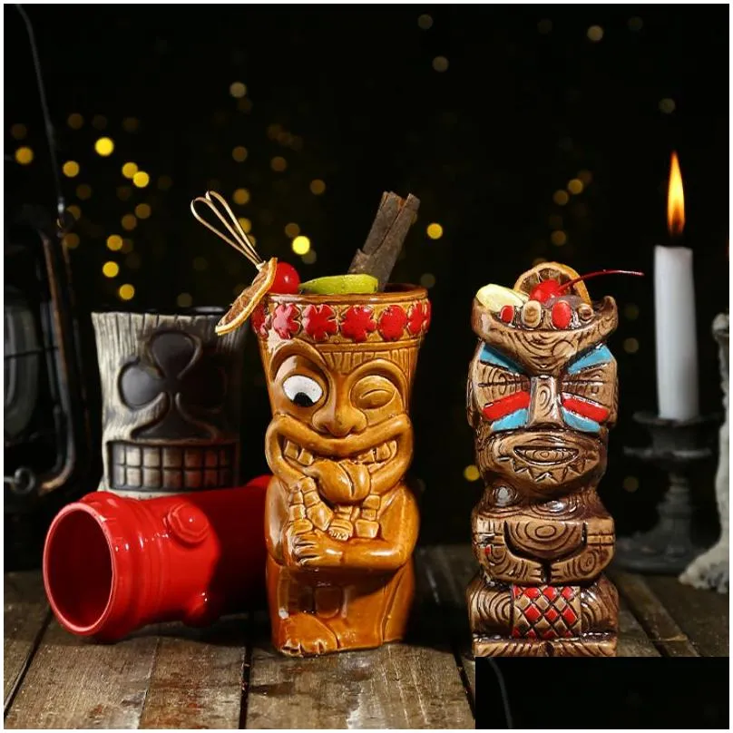 Mugs Hawaii Ceramic Tiki Mug Creative Cocktail Cup Easter Island Tiki Mugs Halloween Gift for Bar Tool 230607