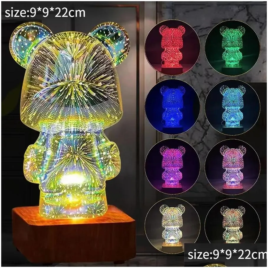 Decorative Objects Figurines 3D Firework Bear LED Night Light 7 color Atmosphere Projector Romantic Bedroom Decoration Desktop Lamps