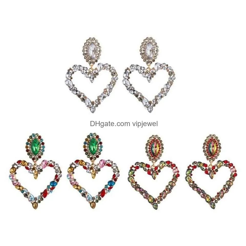 1 pair shiny rainbow crystal rhinestone large heart pendant dangle bib earrings statement earrings women fashion jewelr2430