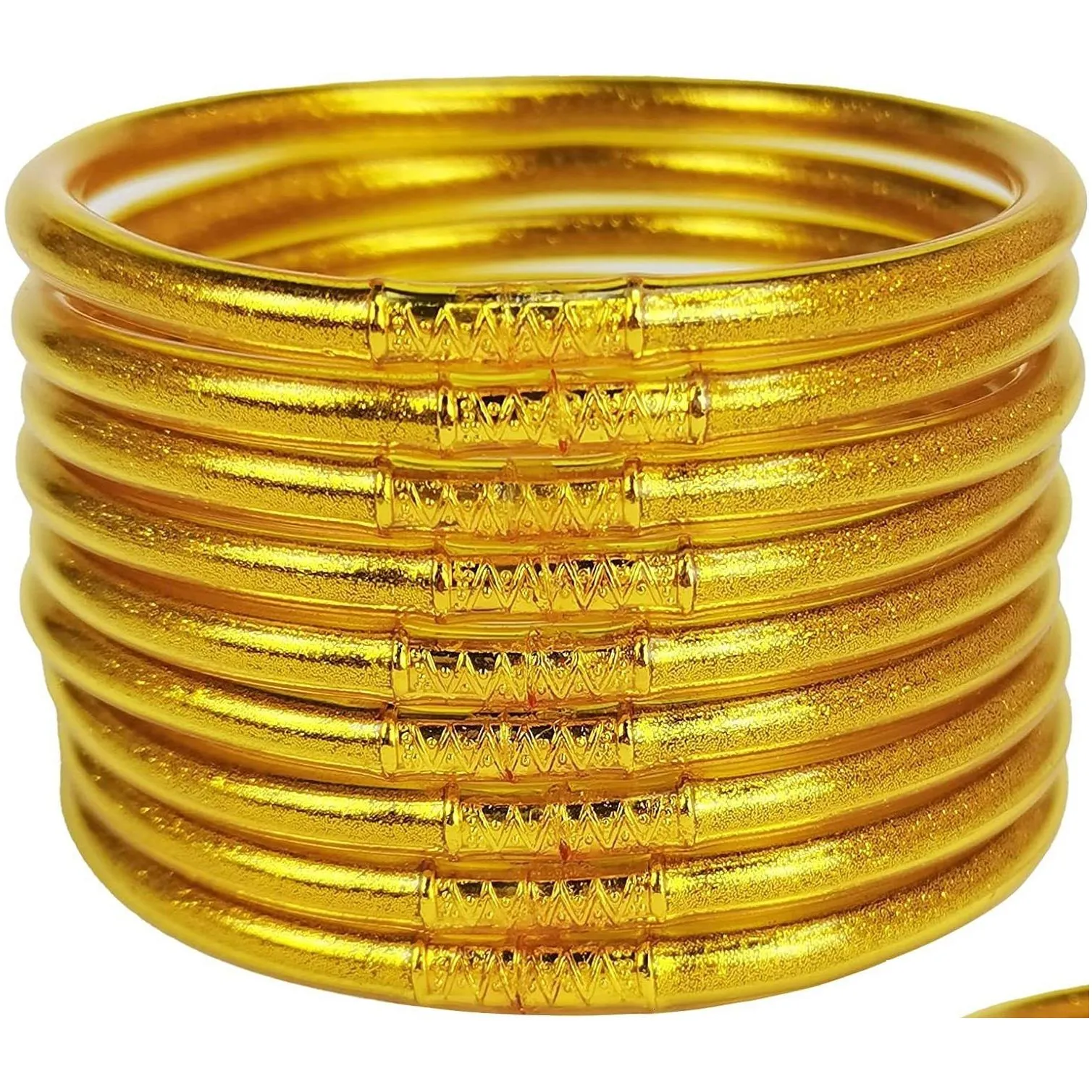 Charm Bracelets 9Pcs set Shiny Buddhist Bangle Glitter Filled Jelly Silicone Set Soft Bracelet for Women Girls 230410