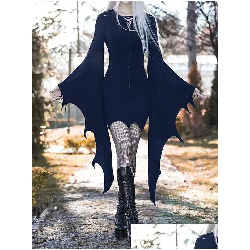 Theme Costume Halloween Costumes For Women Gothic Medieval Cosplay Dress Forest Elf Pixie Black Bodycon Mini Bandage Bat Wing Disfraz Dhnmr