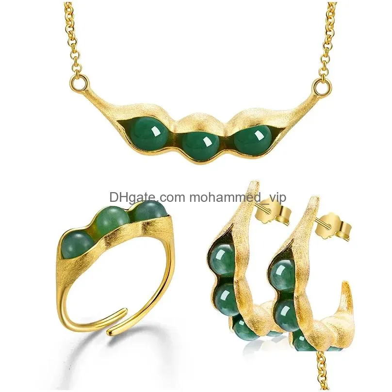 pendants lotus fun real sterling sier fine jewelry natural stones pea pods design jewelry set with ring drop earring necklace