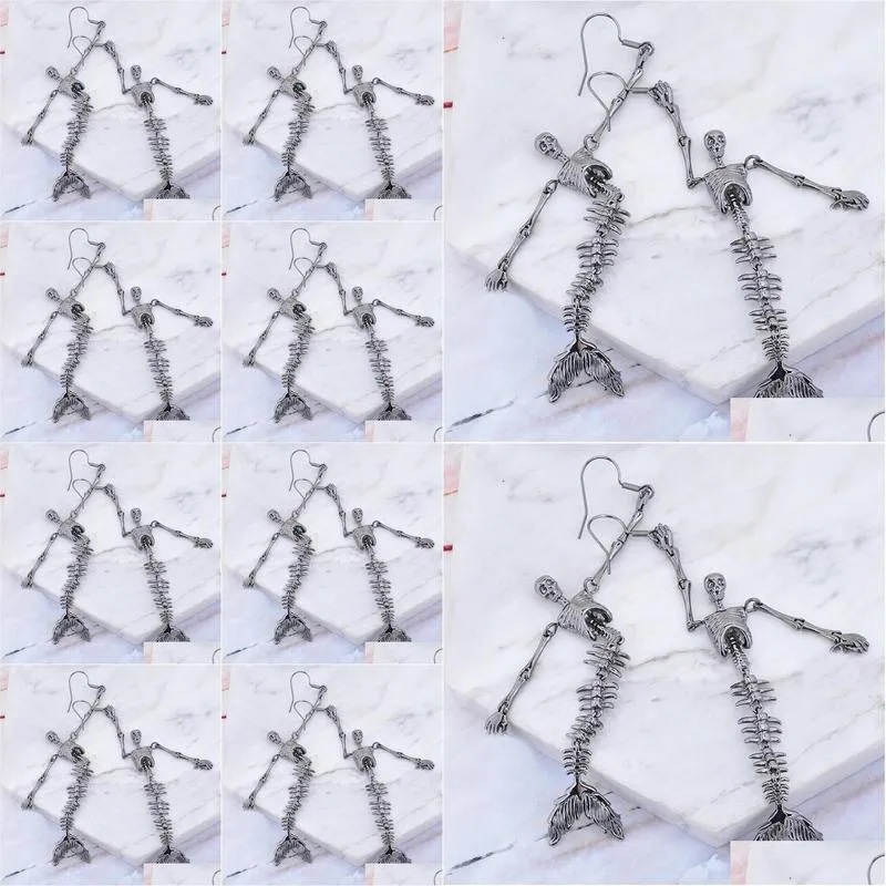 knot xiaojingling 1.8x7.0cm punk mermaid skeleton moving parts skull charms earring drops women girls dangle earrings w0905