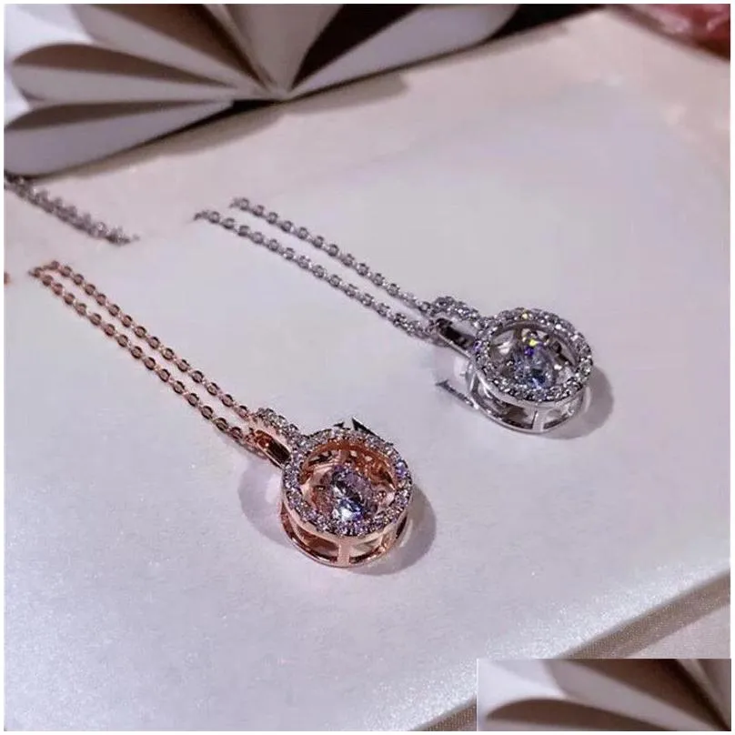 Classic Romantic Fashion Jewelry Real 925 Sterling Silver&Rose Gold Fill Round White Topaz CZ Diamond Dancing Pendant Clavicle Necklace