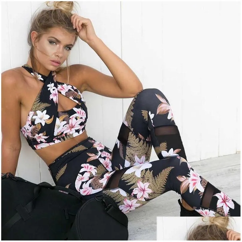 Women`S Tracksuits Women 2 Piece Yoga Set Gym Fitness Clothes Floral Print Braaddlong Pants Running Tights Jogging Workout Leggings S Dhhos