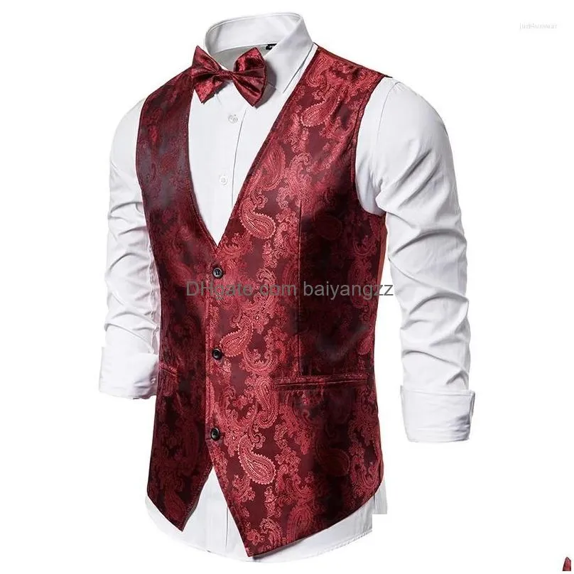 mens vests jacquard suit vest black / wine red wedding party dress waistcoat size xxl-s