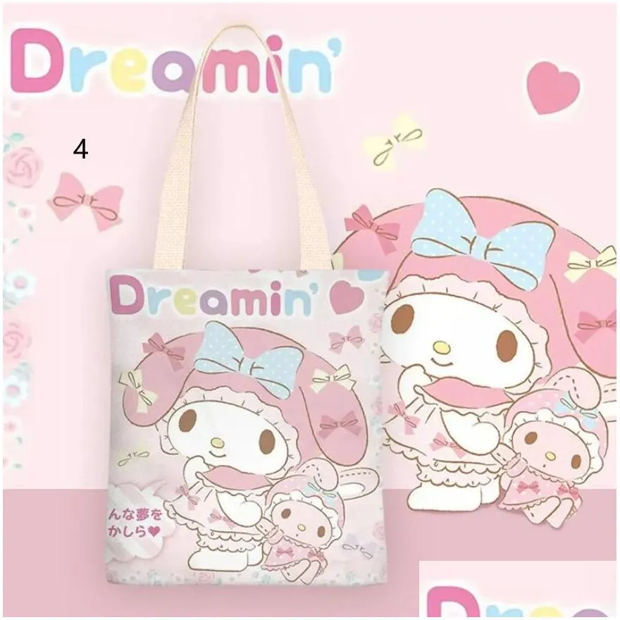 Girls Kawaii Kuromi Cinnamoroll Double Sides Print Zipper Canvas handbag Girl Student Lovely Accessories bags big Capacity