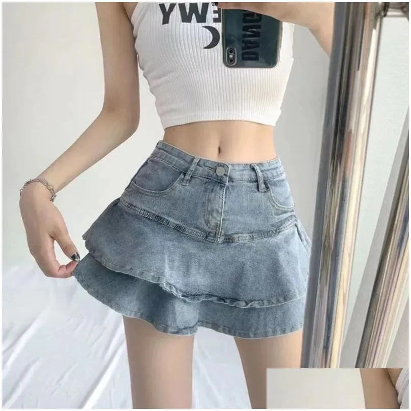 Skirts Houzhou Y Ruffle Mini Skirt Denim Women Summer Vintage Cute High Waist Work A-Line Short Jeans Gyaru Streetwear 231227 Drop De Dhg6X