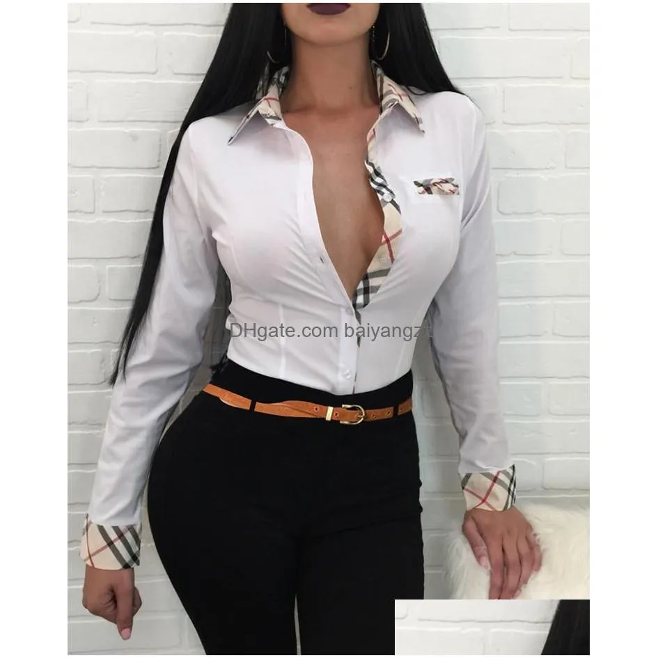 spring autumn solid shirt femme plaid trim buttoned up casual short sleeve blouse office ladies elegant outfits