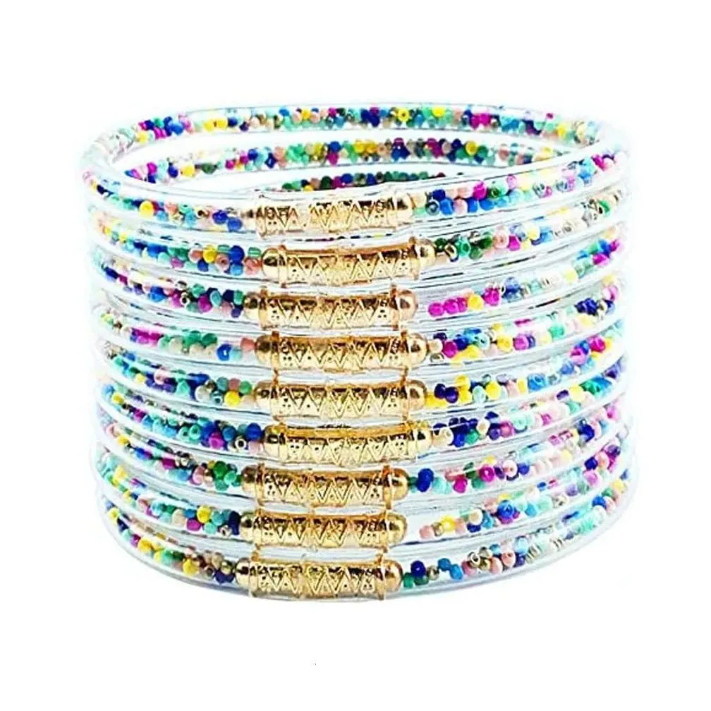 Charm Bracelets 9Pcs set Shiny Buddhist Bangle Glitter Filled Jelly Silicone Set Soft Bracelet for Women Girls 230410