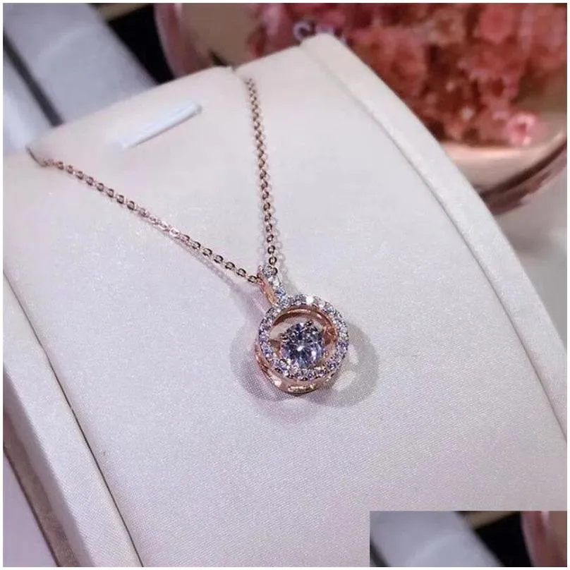 Classic Romantic Fashion Jewelry Real 925 Sterling Silver&Rose Gold Fill Round White Topaz CZ Diamond Dancing Pendant Clavicle Necklace