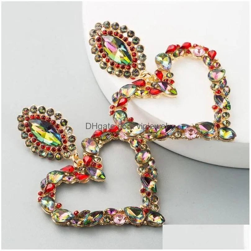 1 pair shiny rainbow crystal rhinestone large heart pendant dangle bib earrings statement earrings women fashion jewelr2430