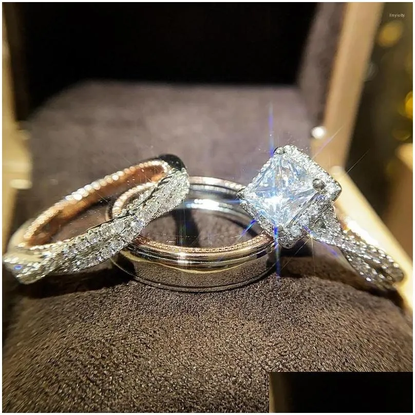Wedding Rings Uring Luxury Princess Cut Cubic Zircon Bridal Marriage Set Elegant Accessories Brilliant Women Men Trendy Jewelry