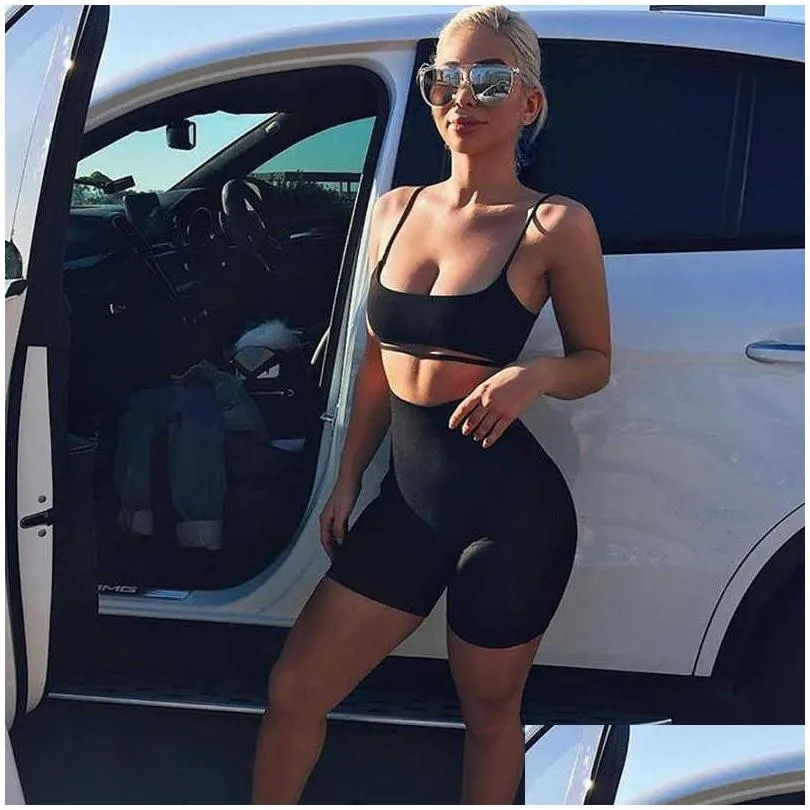 Two Piece Dress Boofeenaa Y Short Set Crop Tops And Biker Shorts Grey Black Bodycon Matching Sets Summer Clothes For Women C83-I71 Dr Dhyd1