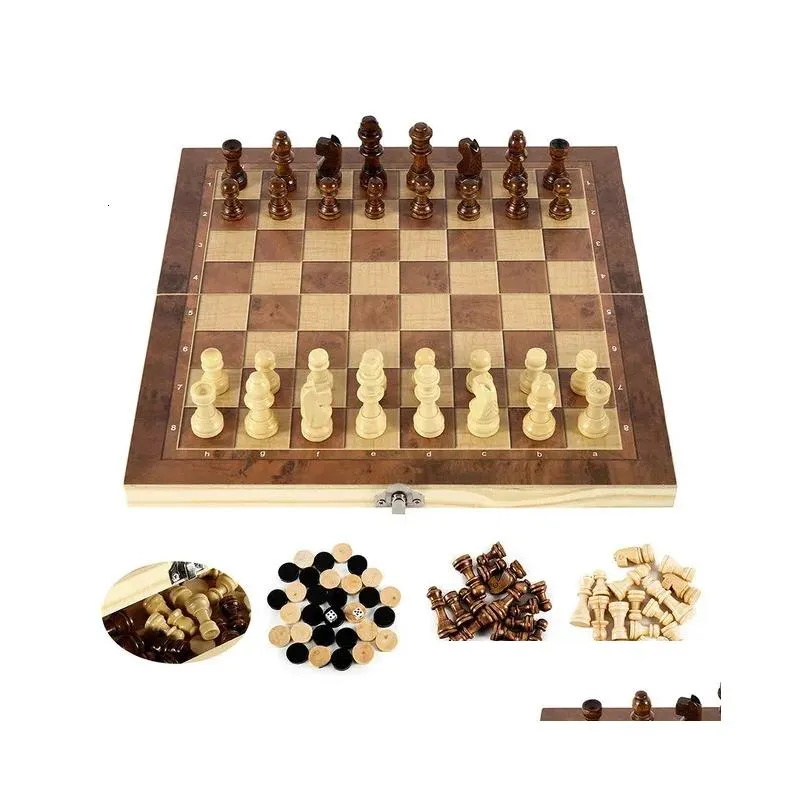 Chess Games 3 in 1 Chess Board Folding Wooden Portable Chess Game Board Wooden Chess Board for AdultsChess Checkers and Backgammon