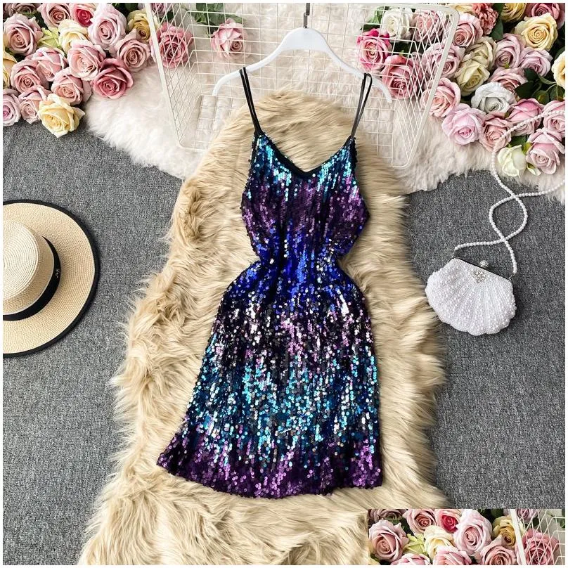 women casual dresses sequined dress chic sexy night club strap summer super shiny sleeveless o-neck beach dress ins hot 2022