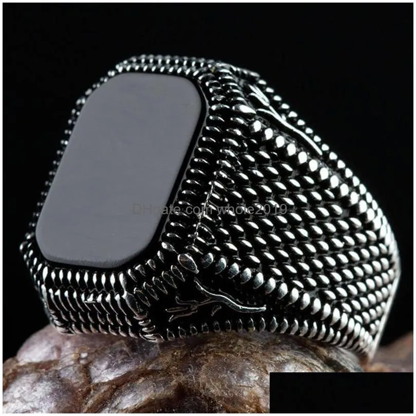Band Rings Turkish Signet For Men Ancient Sier Color Carved  Ring Mystic Zircon Inlay New Punk Drop Delivery Jewelry Dhdp0