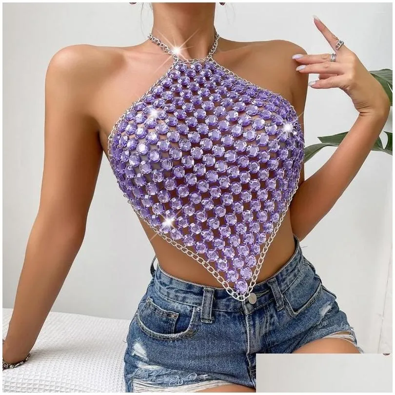 Women`S Tanks & Camis Womens Shiny Rhinestone Halter Tops Women Y Sleeveless Backless Party Club Night Out Blouse Bellyband Drop Deliv Dhgiv