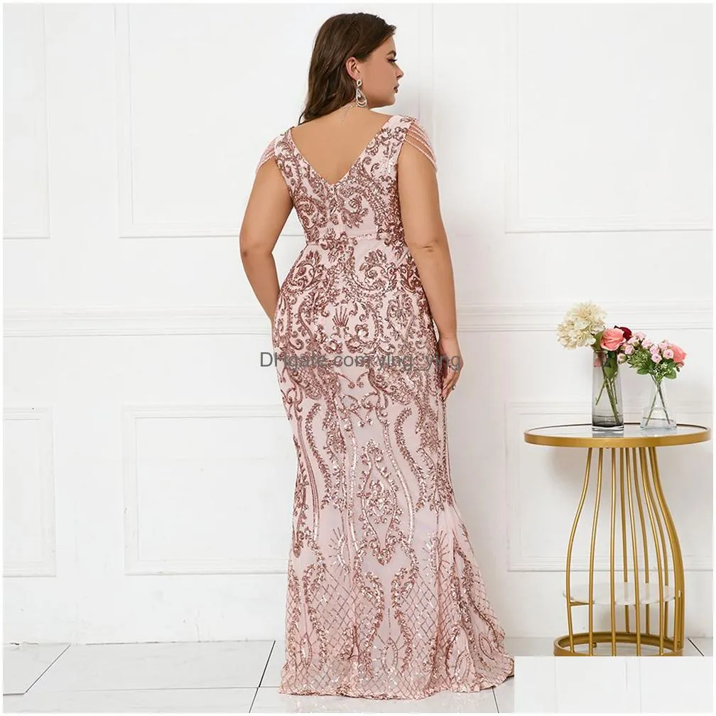 plus size dresses plus size women pink sequin evening dress elegant v neck beading party maxi dress long prom dress 230511