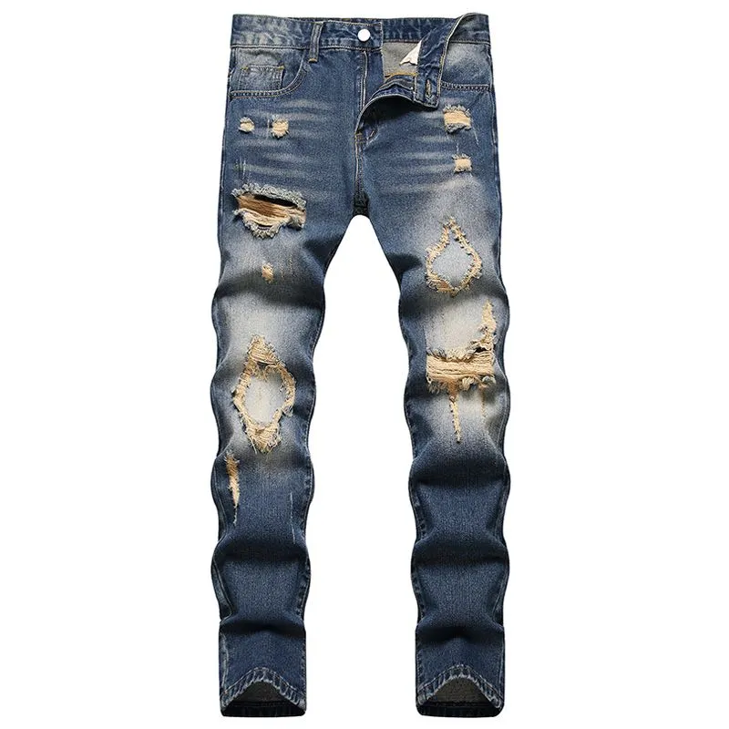 Retro Blue Streetwear Mens Jeans Ripped Denim Pants Hole Ruined Slim-Fit Straight Nostalgic Trousers Size 28-40