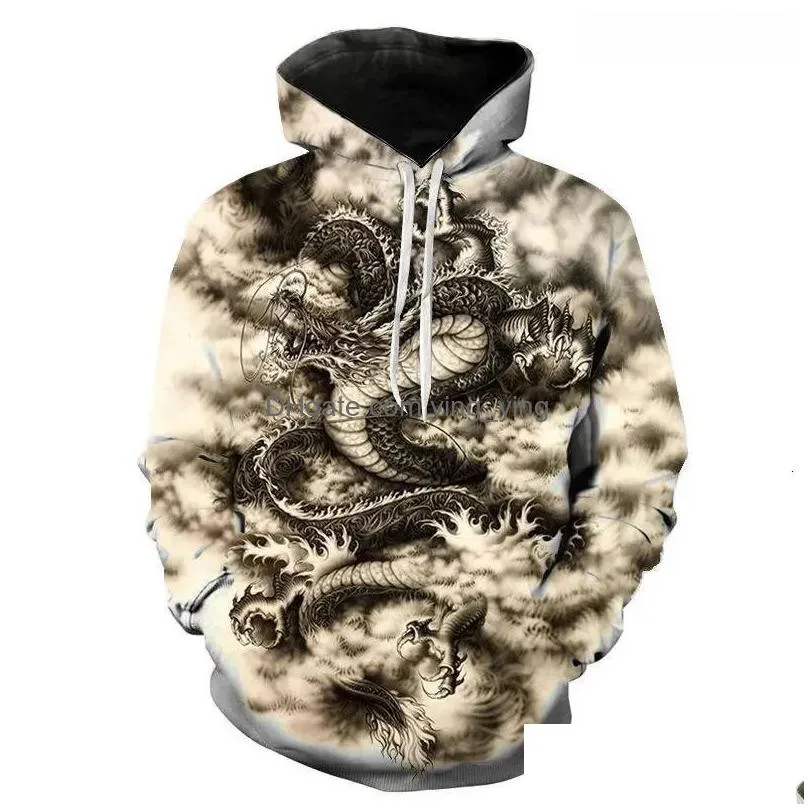 Mens Hoodies Sweatshirts Dragon Pattern Hip Hop Hoodie Y2K Large Size Winter Long Sleeves Hooded Sweater Hipster Street Wear Gym Sw Dhzlj