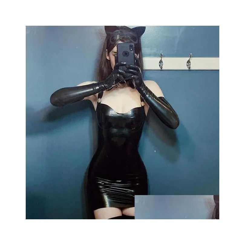 2022 new halter backless dress club party skirt pure black wet latex bodycon artificial leather mini dress with gloves