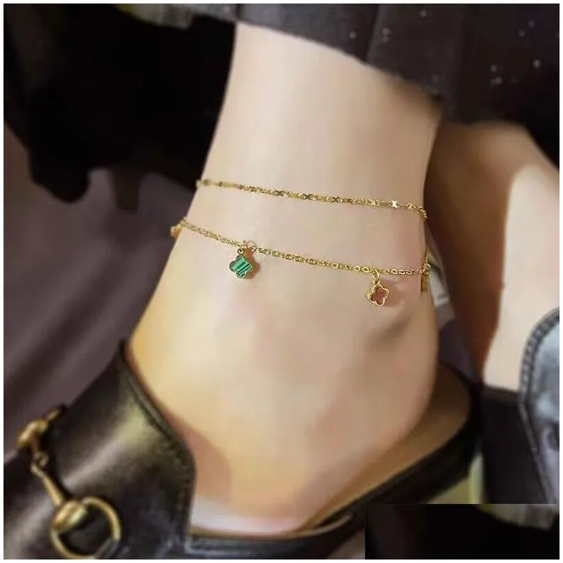 Designer Anklets loves couple 5flowers jewelry Clover 18k gold chains steel Mother of pearl colorful thick chain for Mothers Day Chrismas party Holiday