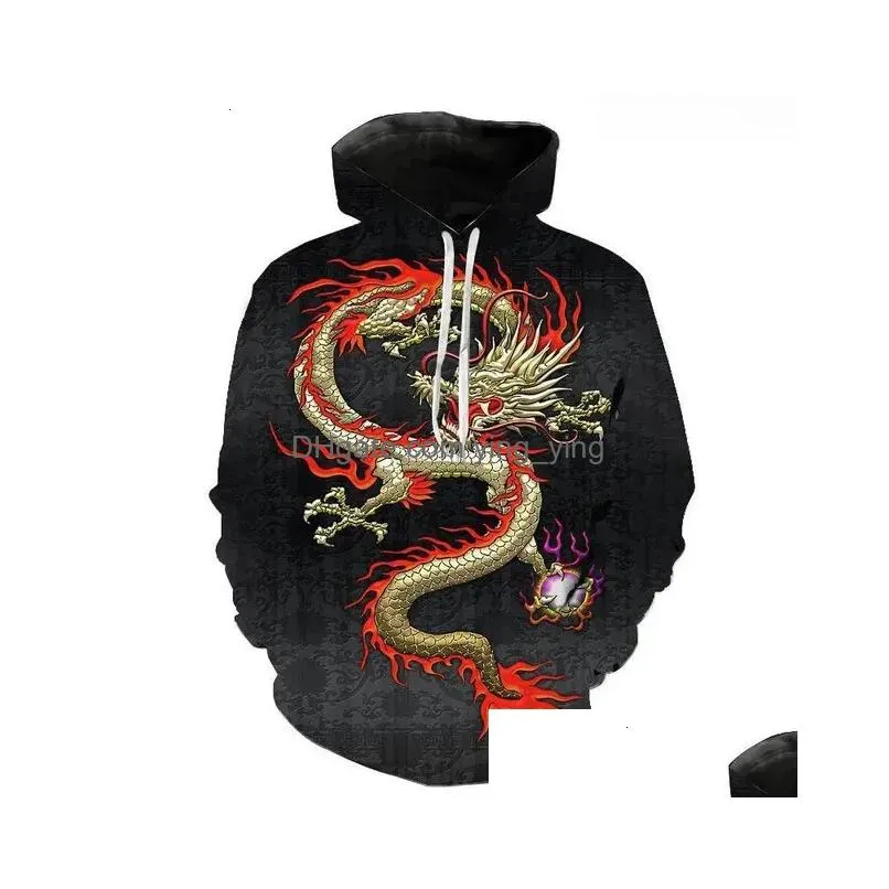 Mens Hoodies Sweatshirts Dragon Pattern Hip Hop Hoodie Y2K Large Size Winter Long Sleeves Hooded Sweater Hipster Street Wear Gym Sw Dhzlj