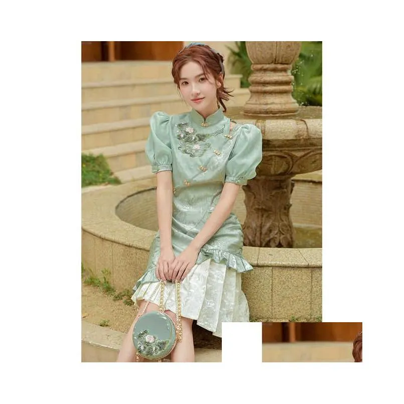 chinese traditional green jacquard embroidered puff sleeve mini cheongsam dress women ruffles elegant halloween party dresses