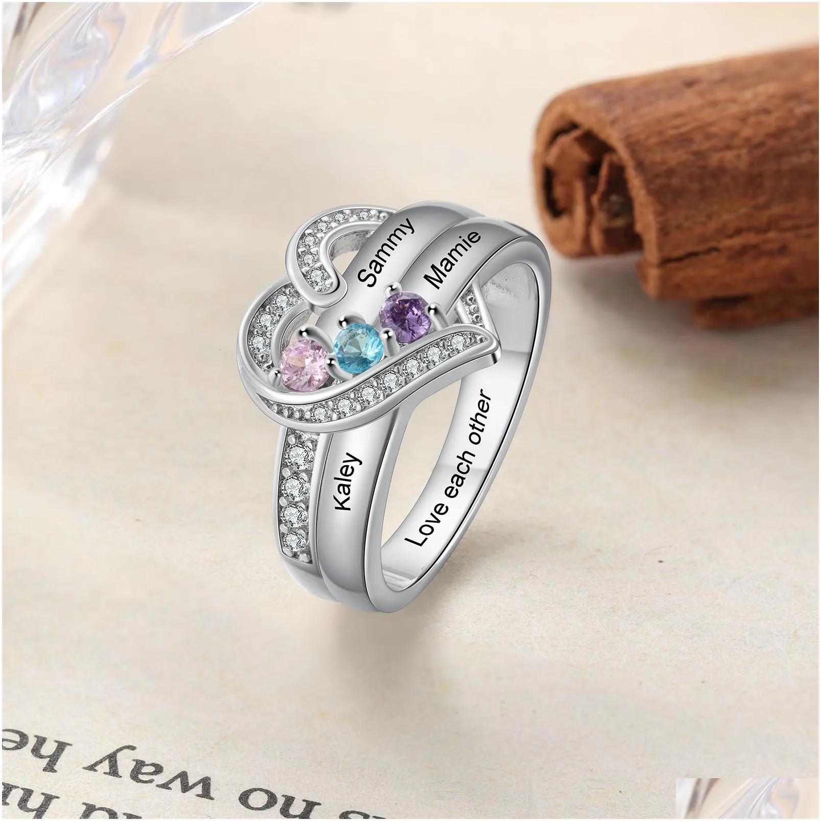 Wedding Rings 925 Sterling Sier Personalized 1-8 Name Carved Ring With Birthday Stone Set Heart Suitable For Womens Mothers Day Gift Dhfrt