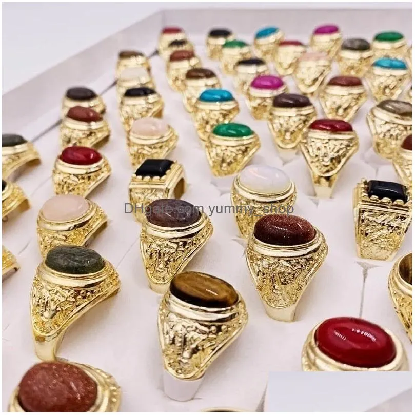  est 30pcs/lot natural gem pinestone band rings fashionable retro bohemia style mens and womens gold silver mixed big size party jewelry