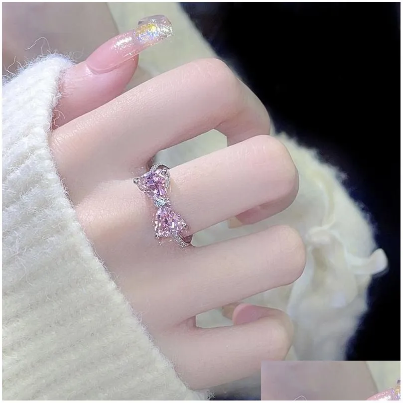 Band Rings 2024 Spring Summer Cute Pink Bow Butterfly For Women Girls Sweet Bowknot Charm Crystal Cz Zircon Diamond Luxury Designer C Otdso