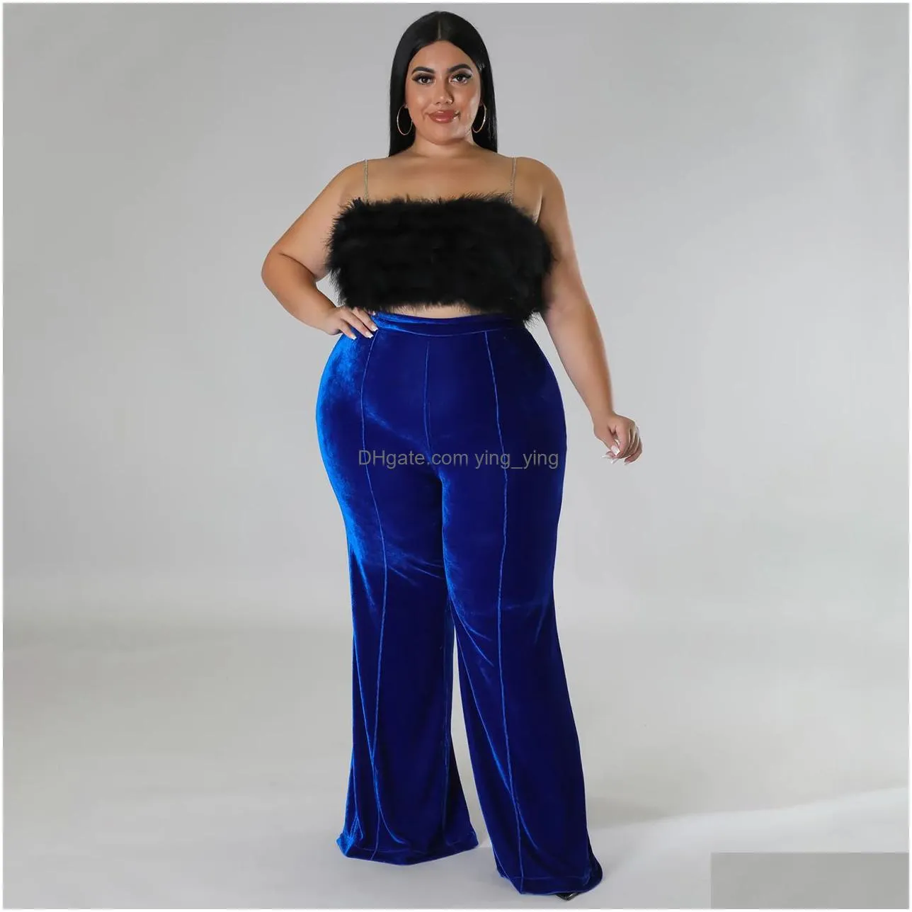 Womens Plus Size Pants Women Veet Solid Wide Leg Trouser Fall Female Elegant Flare Lady Winter Casual Designer Trousers Drop Deliver Dhd9V