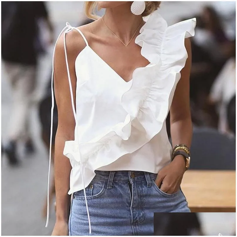 Women`S Blouses & Shirts Womens Women Y V Neck Ruffle Blouse 2022 Summer Backless Spaghetti Strap Casual Tops Elegant Sleeveless Offi Dhrag