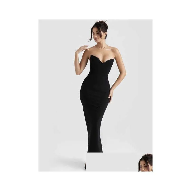 women strapless mermaid maxi dress party outfits clothing 2022 chic elegant double layered black cocktail evening dress