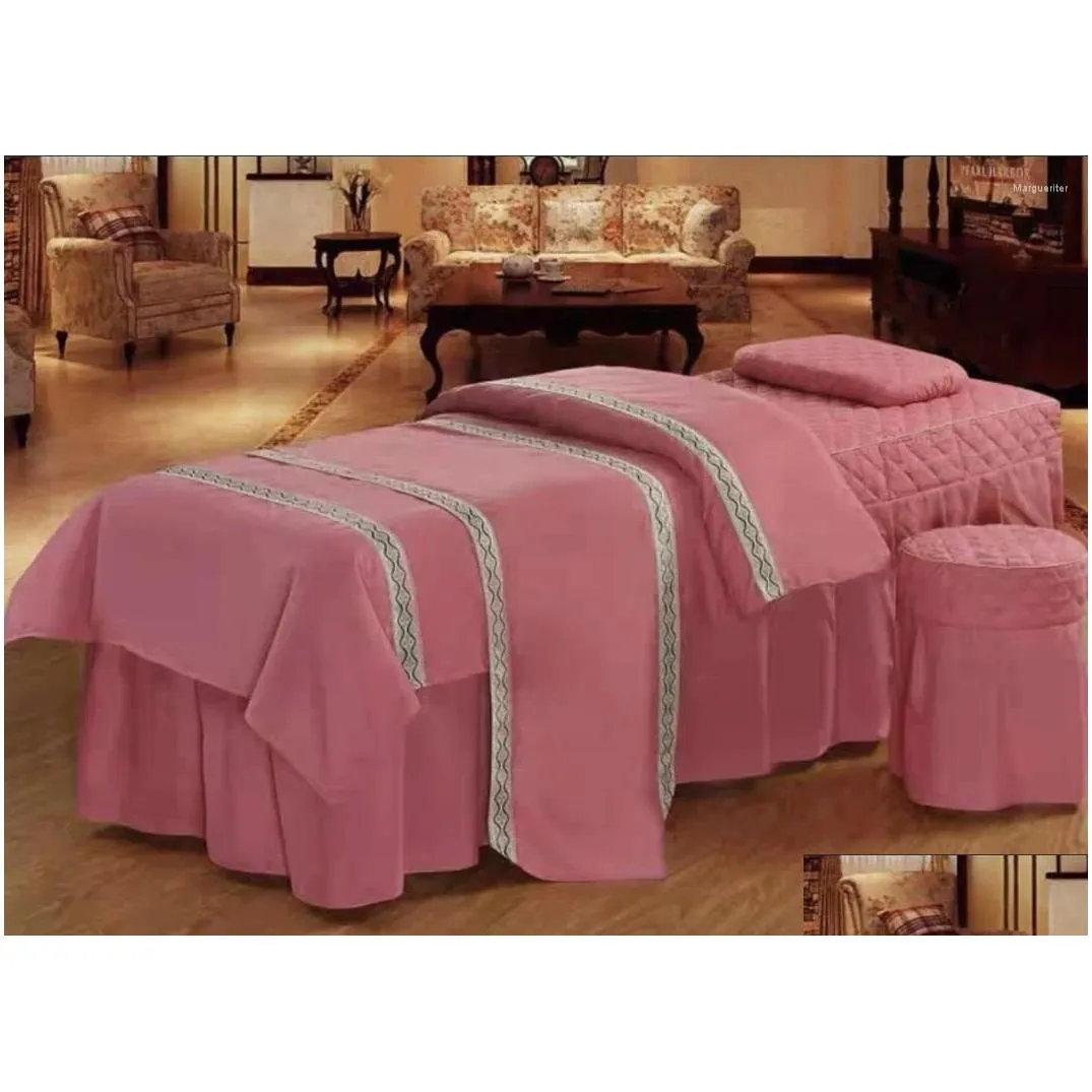 Bed Skirt Four-Piece Set Of Cotton Pillow Stool Quilt Mas Er Bedspread With Patio Face Bow Tie Home Textile Pink Purple Drop Delivery Othym