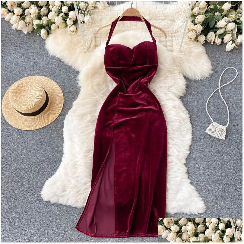 sexy black/red halter velvet bodycon dress women elegant strapless sleeveless high waist split party robe female vestidos autumn 2022