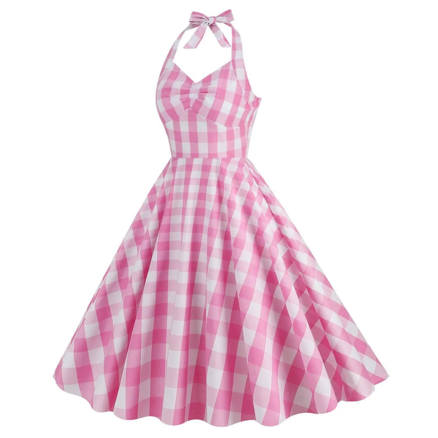 hepburn style ingrid  pink plaid high waistband with a slim hanging neck and large swing mid length dress cotton