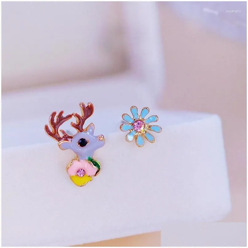 Stud Earrings Romantic Cute Korean Asymmetric Animal For Women Girls Lovely Deer Flower Rhinestones Party Jewelry Drop Delivery Otzyp