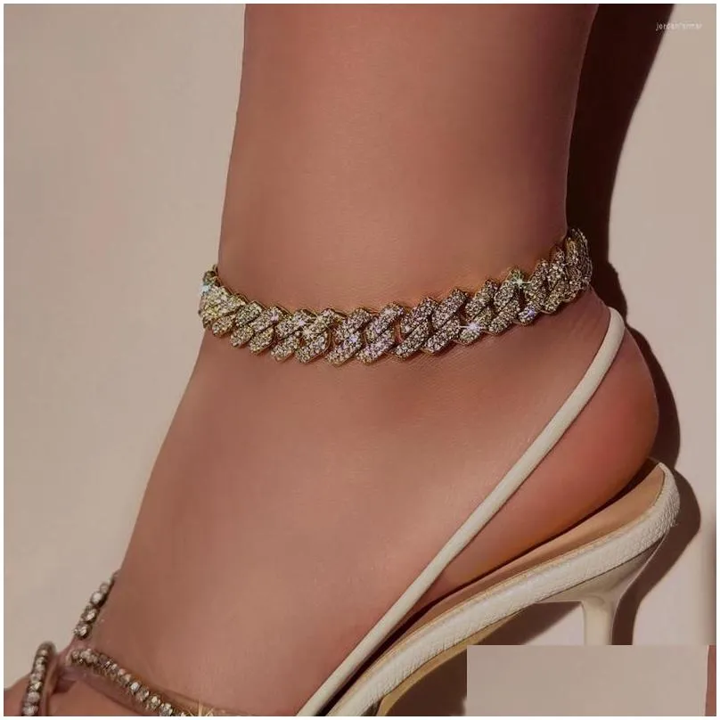 Anklets 14 MM Iced Out  Cuban Link Chain Anklet For Women Gold Silver Color Prong Rhombus Bracelet Hip Hop Jewelry